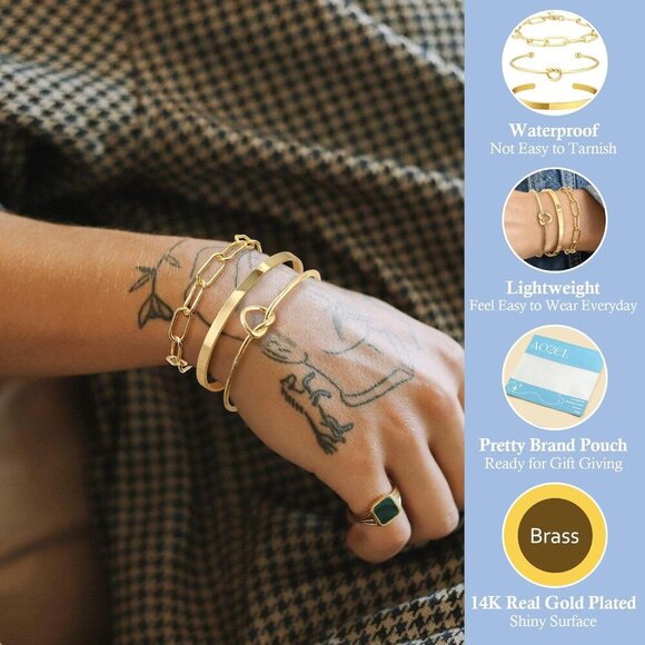 14K Real Gold-C Plated Bangle Cuff Non Tarnish Trendy Stack Bracelets for Women - Picture 2 of 6